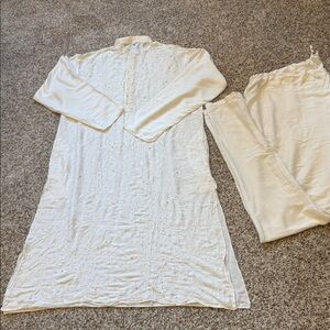 Mens cream embroidered kurta pant set vintage